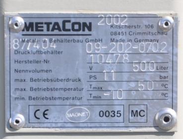 Preview: METACON Druckluft Kompressor Behälter 500 Liter 11 bar Kessel Druckluftbehälter
