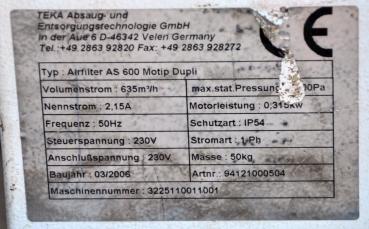 Lackierabsaugung TEKA Airfilter AS600 Motip Dupli Lackierfilter Smart Repair