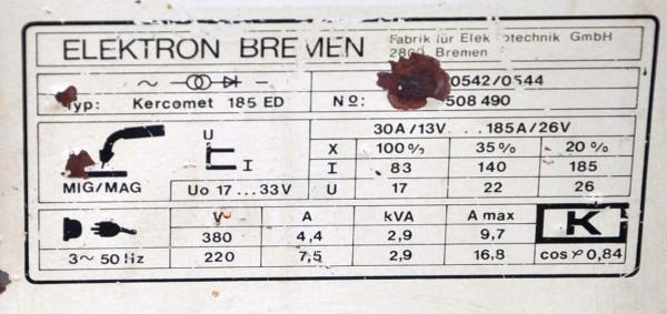ELEKTRON KERCOMET 185 CO2 Schutzgas Schweißgerät MIG MAG Schutzgasschweißgerät