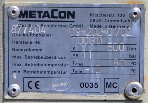 METACON Druckluft Kompressor Behälter 500 Liter 11 bar Kessel Druckluftbehälter