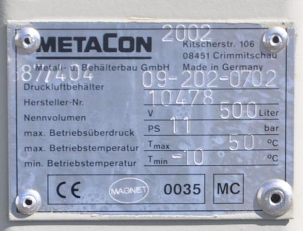 METACON Druckluft Kompressor Behälter 500 Liter 11 bar Kessel Druckluftbehälter