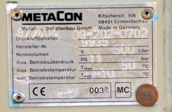 METACON Druckluft Kompressor Behälter 500 Liter 11 bar Kessel Druckluftbehälter